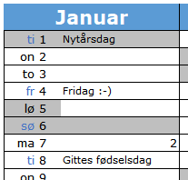 Kalender med dine egne begivenheder i Excel