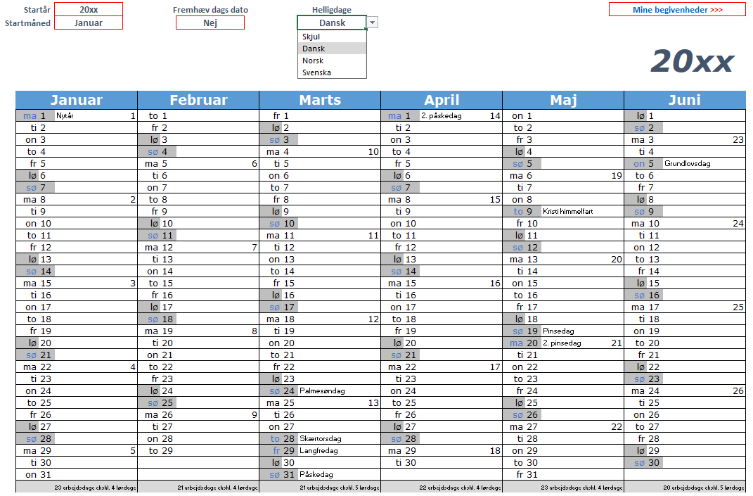  Kalender i Excel download GRATIS med DINE begivenheder