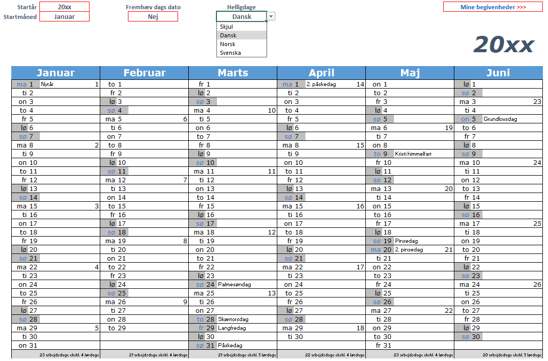 Kalender til Excel hvori du kan taste dine egne begivenheder